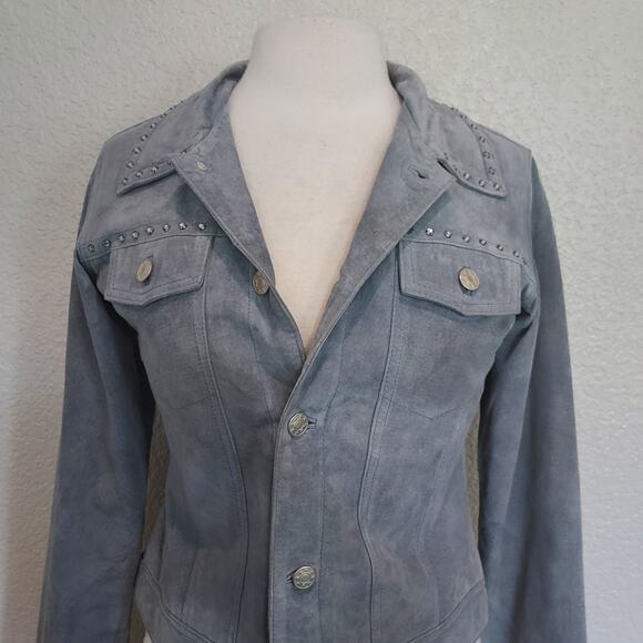 Lili Le Rose Baby Blue Suede Button Jacket Size M - Picture 2 of 13